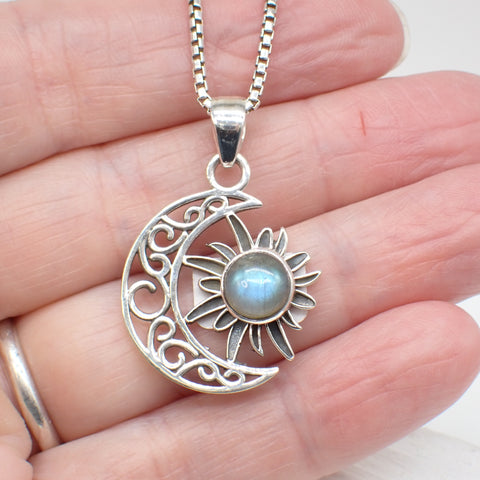 Labradorite Sun and Moon Celestial Sterling Silver Pendant