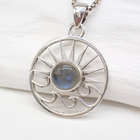Labradorite Sterling Silver Sun and Waves Pendant