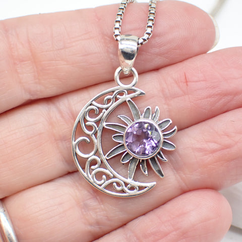 Amethyst Faceted Sun and Moon Celestial Sterling Silver Pendant