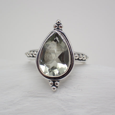 Sterling Silver Faceted Praisolite Ring - Size 6