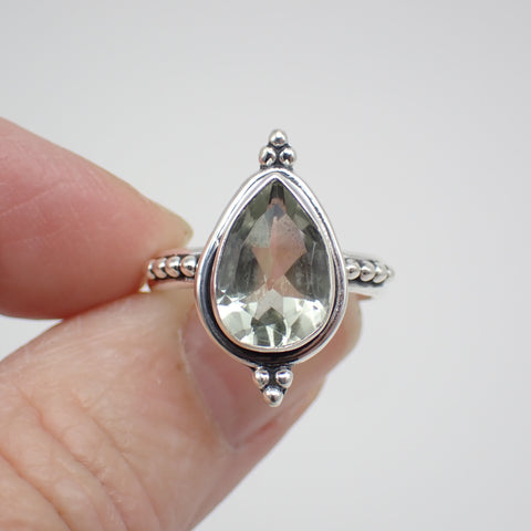 Sterling Silver Faceted Praisolite Ring - Size 6