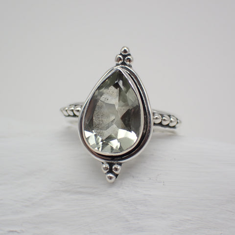Sterling Silver Faceted Praisolite Ring - Size 6