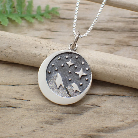 ♻️Collier de montagne en croissant de lune en argent sterling recyclé