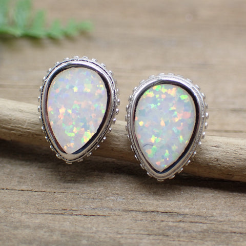 Sterling Silver White Opal Teardrop Stud Earrings