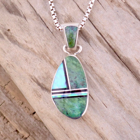 Serpentine & White Opal Sterling Silver Pendant by Native American Artist Sheryl Martinez