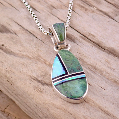 Serpentine & White Opal Sterling Silver Pendant by Native American Artist Sheryl Martinez