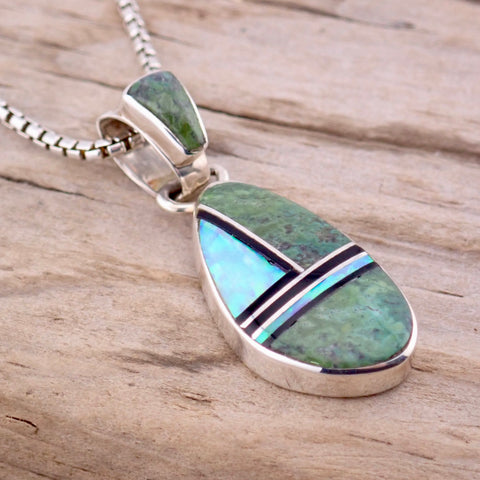 Serpentine & White Opal Sterling Silver Pendant by Native American Artist Sheryl Martinez