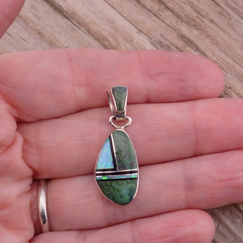 Serpentine & White Opal Sterling Silver Pendant by Native American Artist Sheryl Martinez