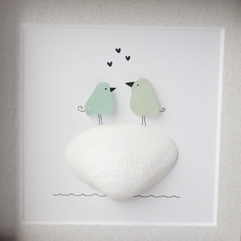 Green Sea Glass Love Birds on Shells