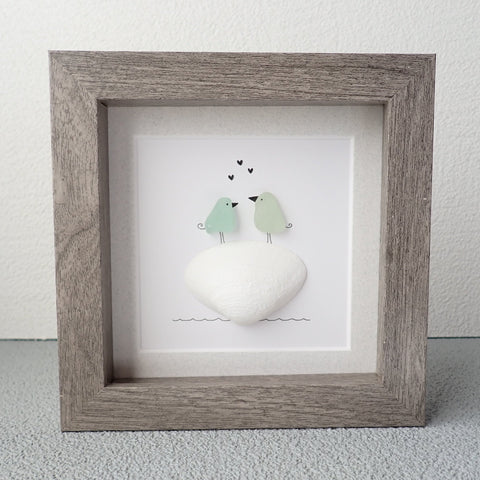 Green Sea Glass Love Birds on Shells