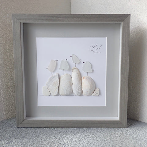 gray frame white sea glass birds on rocks picture home decor