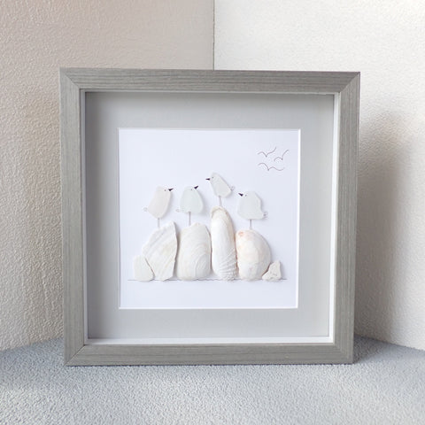 Four Sea Glass Birds on Shells