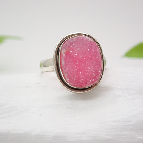 Sterling Silver Pink Agate Druzy Ring - Size 9