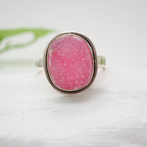 Sterling Silver Pink Agate Druzy Ring - Size 9