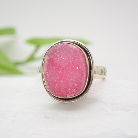 Sterling Silver Pink Agate Druzy Ring - Size 9