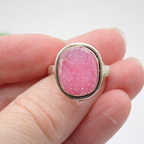 Sterling Silver Pink Agate Druzy Ring - Size 9