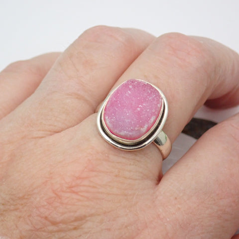Sterling Silver Pink Agate Druzy Ring - Size 9