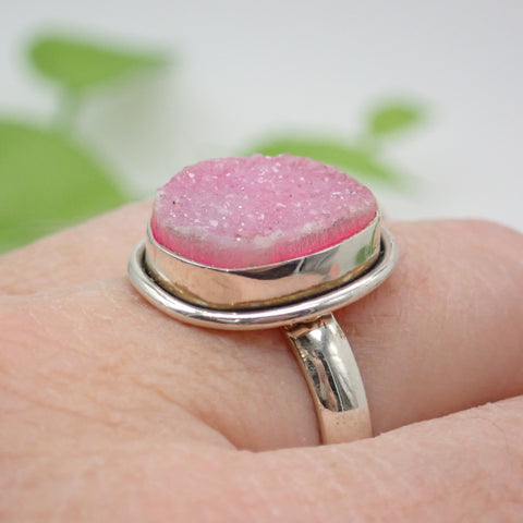 Sterling Silver Pink Agate Druzy Ring - Size 9