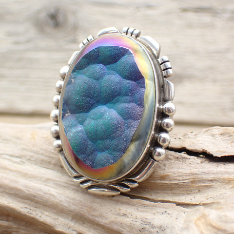 sterling silver purple titanium plated agate ring with silver edge detail