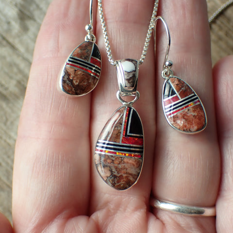 Wild Horse Magnesite, Red Opal & Jet Inlay Earrings & Necklace Set by Artist Sheryl Martinez