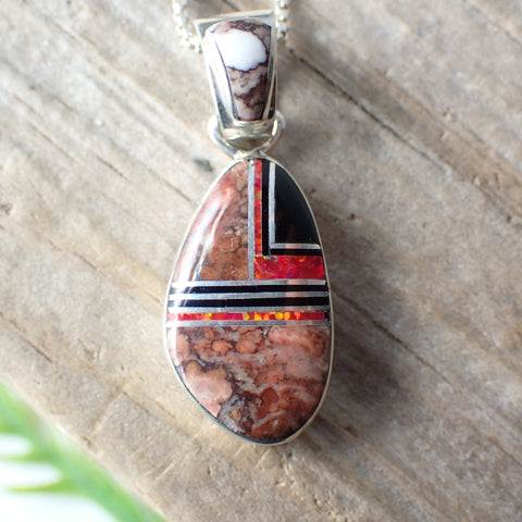 Wild Horse Magnesite, Red Opal & Jet Inlay Earrings & Necklace Set by Artist Sheryl Martinez