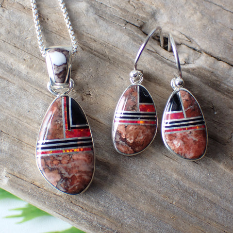 Wild Horse Magnesite, Red Opal & Jet Inlay Earrings & Necklace Set by Artist Sheryl Martinez