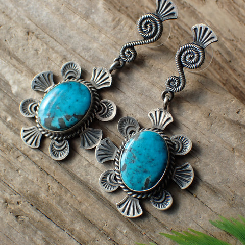 Sterling Silver Turquoise Statement Drop Stud Earrings by Mary Chavez