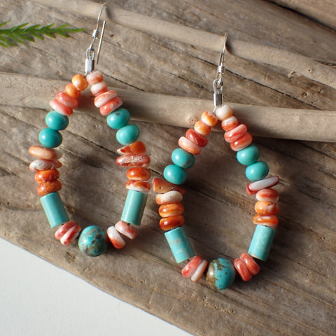 Sterling Silver Spiny Oyster & Turquoise Beaded Earrings by Native American Artist