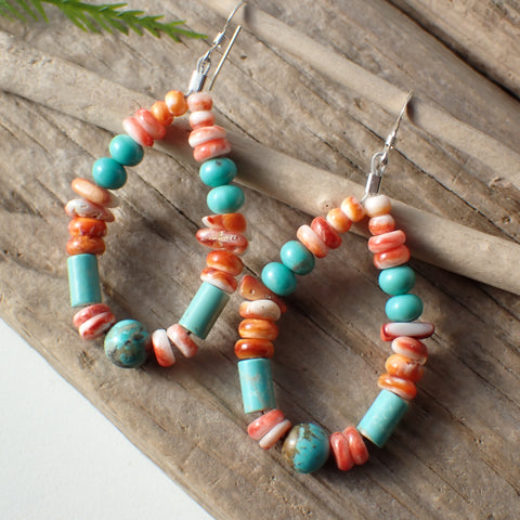 Sterling Silver Spiny Oyster & Turquoise Beaded Earrings by Native American Artist
