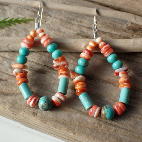 Sterling Silver Spiny Oyster & Turquoise Beaded Earrings by Native American Artist