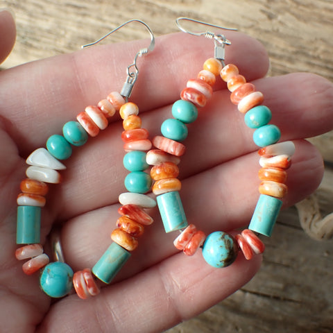 Sterling Silver Spiny Oyster & Turquoise Beaded Earrings by Native American Artist