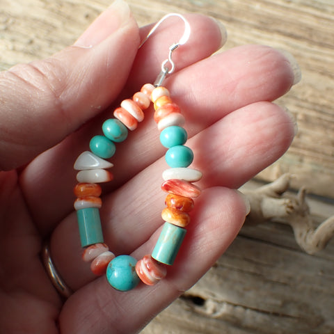 Sterling Silver Spiny Oyster & Turquoise Beaded Earrings by Native American Artist