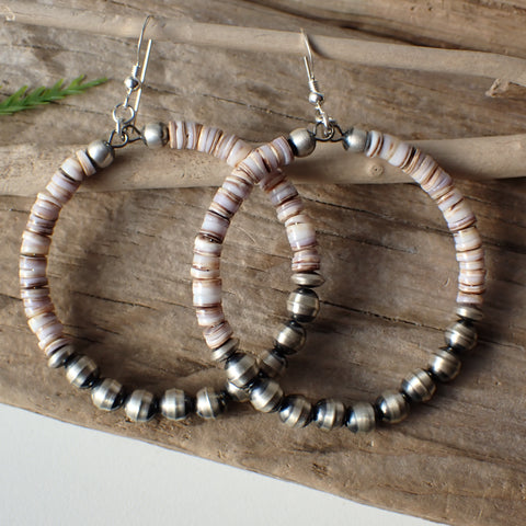 Sterling Silver Navajo Pearl Hoop Earrings with Shell Heishi Beads by Native American Artist