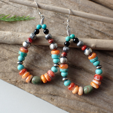 Sterling Silver Navajo Pearl Hoop Earrings with Spiny Oyster, Turquoise & Onyx by Native American Artist
