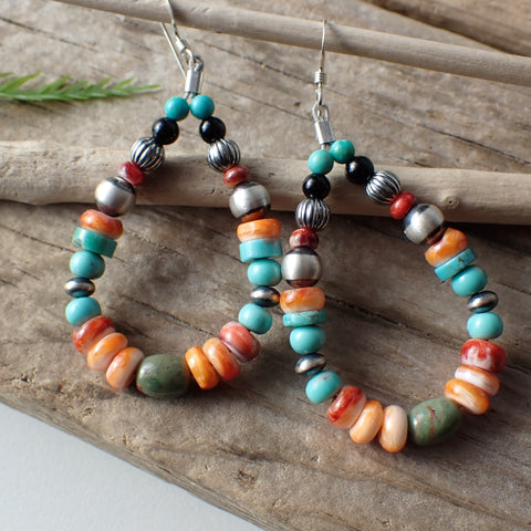 Sterling Silver Navajo Pearl Hoop Earrings with Spiny Oyster, Turquoise & Onyx by Native American Artist