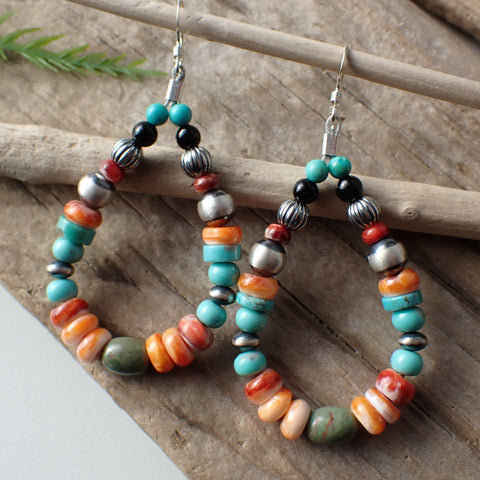 Sterling Silver Navajo Pearl Hoop Earrings with Spiny Oyster, Turquoise & Onyx by Native American Artist
