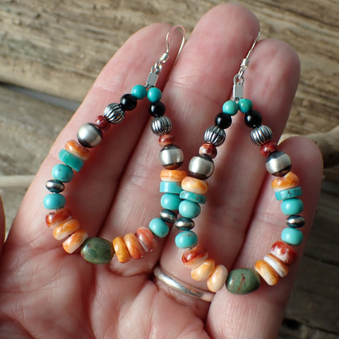 Sterling Silver Navajo Pearl Hoop Earrings with Spiny Oyster, Turquoise & Onyx by Native American Artist