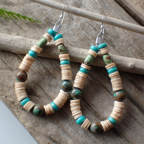 Sterling Silver Hoop Earrings with Turquoise & Shell Heishi Beads by Native American Artist