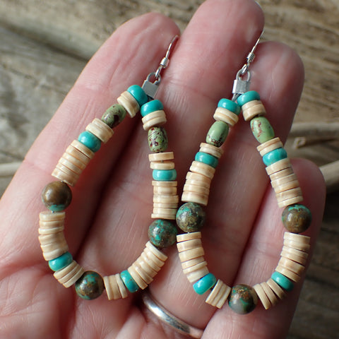 Sterling Silver Hoop Earrings with Turquoise & Shell Heishi Beads by Native American Artist