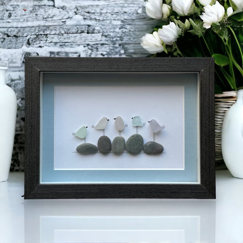 Verre de mer Tableau de famille de cinq oiseaux Art de galets
