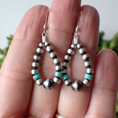 Sterling Silver Navajo Pearl Hoop Earrings with Turquoise