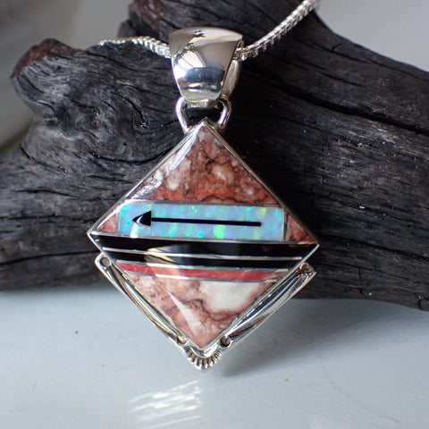Navajo Inlay Sterling Silver Jasper, Onyx, Coral & White Opal Inlaid Pendant By Nataanii (John Charley)