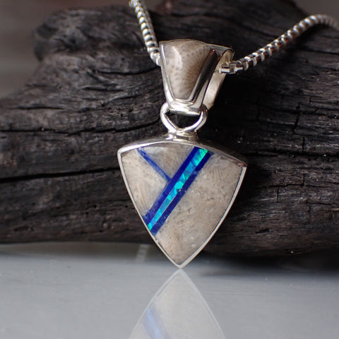 Sterling Silver Inlaid Fossilized Coral & Blue Opal Pendant by Sheryl Martinez