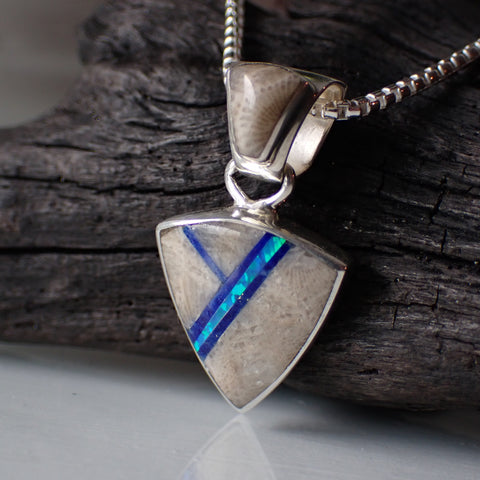 Sterling Silver Inlaid Fossilized Coral & Blue Opal Pendant by Sheryl Martinez
