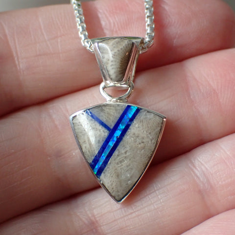 Sterling Silver Inlaid Fossilized Coral & Blue Opal Pendant by Sheryl Martinez