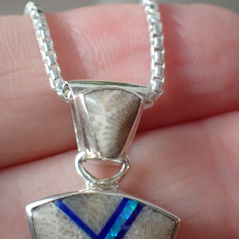 Sterling Silver Inlaid Fossilized Coral & Blue Opal Pendant by Sheryl Martinez