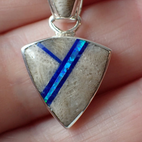 Sterling Silver Inlaid Fossilized Coral & Blue Opal Pendant by Sheryl Martinez