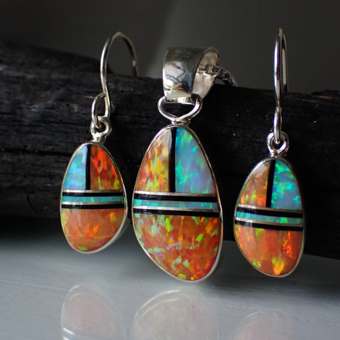 Sterling Silver Orange and White Opal Inlay Earrings and Pendant Set by Sheryl Martinez