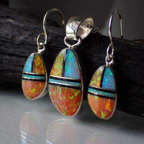 Sterling Silver Orange and White Opal Inlay Earrings and Pendant Set by Sheryl Martinez