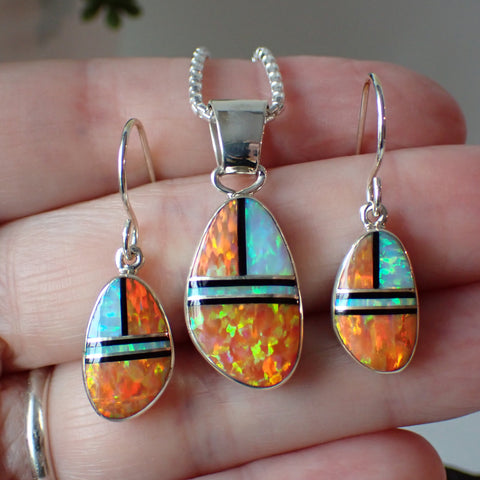 Sterling Silver Orange and White Opal Inlay Earrings and Pendant Set by Sheryl Martinez